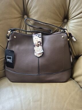 MKF Brown Shoulder Bag with Snake-Print Accent